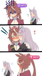  absurdres animal_ears aqua_bow black_jacket blue_eyes blush bow brown_hair closed_eyes closed_mouth ear_bow ear_ribbon flower hair_between_eyes high_ponytail highres horse_ears horse_girl jacket kiss kissing_cheek long_hair long_sleeves mejiro_mcqueen_(umamusume) mood_(umamusume) multicolored_hair multiple_girls ponytail purple_hair red_jacket red_track_suit smile streaked_hair tokai_teio_(umamusume) tracen_training_uniform track_jacket track_suit two-tone_hair umamusume violet_eyes white_hair yuha6666 yuri 