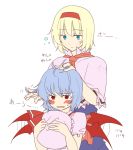  bat_wings blonde_hair blue_eyes blue_hair blush blush_stickers fang fangs flapping hair_tussle hairband hat hat_removed headwear_removed holding holding_hat lysander_z no_nose petting raisandaa_z red_eyes remilia_scarlet short_hair touhou whitenote wings 