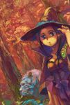  1girl ame_yamori blue_eyes brown_hair forest grey_eyes hat nature original tiger tree witch_hat 