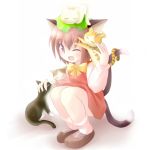  animal_on_head brown_hair cat cat_ears cat_on_head cat_tail chen des dress earrings hat jewelry multiple_tails purple_eyes short_hair smile tail touhou violet_eyes wink 