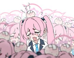  6+girls bandaid blue_archive blue_archive_2025_hack blue_necktie blurry blush_stickers closed_eyes collared_shirt commentary crying depth_of_field double-parted_bangs facing_viewer fang furrowed_brow hair_between_eyes halo head_bump highres koyuki_(blue_archive) kyarupunch long_hair multiple_girls necktie open_mouth outline pink_halo sad school_uniform shirt simple_background skin_fang squiggle streaming_tears symbol-only_commentary tears thick_eyebrows twintails upper_body very_long_hair white_background white_outline white_shirt 