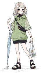  1girl artist_name bag bare_legs black_bag black_sandals black_shirt black_shorts blue_umbrella blush brown_eyes closed_mouth closed_umbrella commentary_request dot_mouth drawstring elbow_carry fanny_pack fingernails full_body green_sweater grey_hair grocery_bag hair_ornament hairclip hand_up highres holding holding_bag hood hood_down hooded_sweater looking_to_the_side medium_hair nail_polish nakanakacxy orange_nails original parallel_hairclips parted_bangs plastic_bag sandals shirt shopping_bag short_shorts shorts sideways_glance signature simple_background solo standing sweater three-quarter_sleeves toenail_polish toenails turning_head umbrella umbrella_on_arm watch watch white_background 