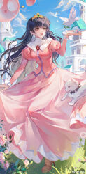  1girl absurdres alternate_costume animalization balloon bird black_hair blue_sky boots breasts brooch brown_boots brown_eyes chinese_commentary clouds commentary day dove dress european_architecture flower frilled_sleeves frills full_body gem gold_tiara gown green_gemstone high_collar high_heel_boots high_heels highres higurashi_kagome inuyasha inuyasha_(character) jewelry juliet_sleeves lace-up_boots long_hair long_sleeves looking_at_animal medium_breasts mubai_jiang on_grass open_mouth outdoors pink_dress pink_flower princess puffy_sleeves red_gemstone shippou_(inuyasha) sky smile solo_focus standing standing_on_one_leg straight_hair tiara very_long_hair white_bird white_dog 