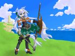  blue_eyes blue_hair gloves highres long_hair mof mof&#039;s_silver_haired_twintailed_girl mof's_silver_haired_twintailed_girl ocean original polearm sea shield spear twintails very_long_hair weapon 