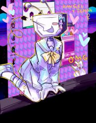  1girl 1other ant_tenna antennae blue_bow blush bow chouzetsusaikawa_tenshi-chan crossover crt deltarune electric_plug electric_plug_tail genderswap genderswap_(mtf) glasses heart highres holographic_clothing icon_(computing) monitor needy_girl_overdose pien_cat_(needy_girl_overdose) pink_bow pointy_nose purple_bow ribbon school_uniform serafuku shayyuri21 shoes spamton_g._spamton sticker_on_leg stuffed_toy tail television utdr_(toby_fox) window_(computing) yellow_bow yellow_ribbon 