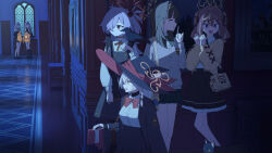  6+girls bag black_dress black_jacket black_necktie black_ribbon black_shoes black_skirt black_socks blue_archive blunt_bangs book bow braid brown_eyes brown_hair brown_halo cardigan closed_eyes closed_mouth commentary dress eri_(blue_archive) faceless faceless_female finger_to_mouth glasses green_bow green_hair green_hairband grey_cardigan grey_hair gun hair_between_eyes hair_over_one_eye hair_ribbon hairband halo highres holding holding_bag holding_book holding_gun holding_lantern holding_weapon jacket kanoe_(blue_archive) kneehighs lantern long_hair mikan_battery multiple_girls musket necktie open_mouth pink_halo red_dress red_necktie rena_(blue_archive) ribbon round_eyewear shirt shoes shushing sidelocks single_braid skirt smile socks tsumugi_(blue_archive) twintails two_side_up violet_eyes weapon white_shirt wildhunt_art_academy_student_(ar)_(blue_archive) wildhunt_art_academy_student_(smg)_(blue_archive) yellow_bag yellow_jacket 