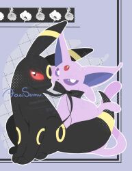  black_eyes black_ribbon chikawapkmn0487 colored_sclera commentary_request espeon glowing glowing_eyes highres no_humans pokemon pokemon_(creature) pokemon_focus purple_background red_sclera ribbon signature sitting umbreon violet_eyes 