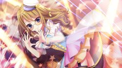  1girl ahoge bent_over black_garter_straps black_thighhighs blonde_hair blue_corset blue_eyes closed_mouth corset cowboy_shot dot_nose dress fang film_grain frilled_dress frills from_side furumi_chie game_cg garter_straps glasses hat headset heart heart_hands idol idol_clothes izumi_tsubasu layered_skirt lens_flare long_hair looking_at_viewer mini_hat non-web_source official_art orange-tinted_eyewear orange_skirt purple_skirt re:stage! sailor_hat screen see-through_clothes see-through_skirt_layer see-through_sleeves skin_fang skirt smile solo sparkle stage_lights star_(symbol) thigh-highs tilted_headwear tinted_eyewear white_dress white_hat zettai_ryouiki 