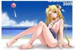  beach bell blonde_hair breasts broccoli cloud clouds feet galaxy_angel kaiga long_hair normad ocean one-piece_swimsuit ranpha_franboise sideboob sitting sky solo swimsuit toes under_boob very_long_hair water wet wind_chime 