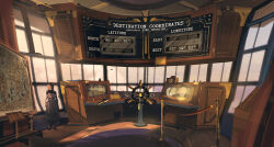  1other aircraft airship ben_lo bioshock_(series) bioshock_infinite coordinates english_text glass indoors map painterly pedestal radio rug scenery solo stanchion standing steering_wheel vehicle_interior window wooden_desk 