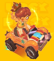 1girl absurdres baby baby_daisy blue_eyes brown_hair character_name crown driving highres mario_kart mario_kart_world motor_vehicle one_eye_closed onimiere orange_shoes pacifier princess_daisy shoes sparkle super_mario_bros. v 