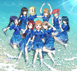  6+girls :d ;d absurdres adjusting_hair aqours_finale_lovelive!_~eikyuu_stage~ arms_up blonde_hair blue_bustier blue_eyes blue_hair blue_hairband blue_ribbon blue_shirt blue_skirt boots braid braided_ponytail brown_hair bustier clothing_cutout collarbone crown_braid day double_bun floating_hair full_body gingin0 green_eyes hair_bun hair_over_shoulder hair_ribbon hairband head_tilt highres kneeling kunikida_hanamaru kurosawa_dia kurosawa_ruby long_hair looking_at_viewer love_live! love_live!_sunshine!! matsuura_kanan miniskirt multiple_girls ohara_mari one_eye_closed orange_eyes outdoors outstretched_arm pleated_skirt ponytail red_eyes red_hair ribbon sakurauchi_riko shirt short_hair short_sleeves shoulder_cutout sitting skirt smile summer takami_chika tsushima_yoshiko very_long_hair violet_eyes watanabe_you white_boots white_ribbon yellow_eyes 