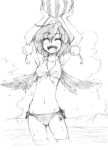  :d armpits arms_up bikini closed_eyes food front-tie_top fruit graphite_(medium) hat hikawa_shou holding monochrome open_mouth shameimaru_aya side-tie_bikini smile swimsuit tokin_hat touhou traditional_media wading watermelon wings 