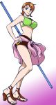  chabudai cleavage clima-tact feet high_heels large_breasts midriff nami one_piece orange_hair shoes skirt staff three-section_staff 