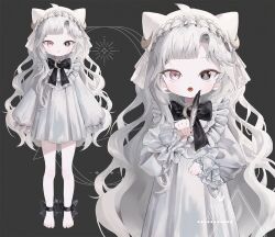  1girl barefoot black_bow black_bowtie black_eyes bow bowtie closed_mouth commentary_request cross-shaped_pupils doubutsunoujyou dress feathers grey_hair heterochromia holding holding_feather indie_virtual_youtuber long_hair long_sleeves mismatched_pupils multiple_views open_mouth puffy_long_sleeves puffy_sleeves red_eyes short_hair sleeves_past_wrists symbol-shaped_pupils toes very_short_hair virtual_youtuber white_dress 