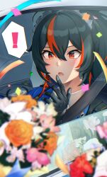 ! 1girl black_gloves black_hair blue_jacket blush bouquet car chromatic_aberration from_outside gloves hairband highres jacket kosuki metal_hairband motor_vehicle multicolored_hair open_mouth police police_badge police_car police_uniform policewoman ponytail red_eyes red_hair solo spoken_exclamation_mark streaked_hair surprised zenless_zone_zero zhu_yuan 