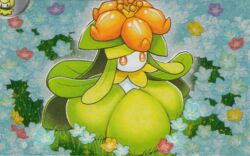  1girl blue_flower flower grass lilligant monster_girl official_art orange_eyes orange_flower outdoors petilil plant_girl pokemon pokemon_(creature) pokemon_focus pokemon_tcg saitou_naoki solo_focus third-party_source 
