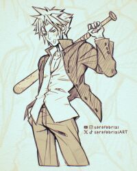  1boy artist_name bandaid bandaid_on_cheek bandaid_on_face baseball_bat blush closed_mouth cloud_strife cloud_strife_(midgard_seventh_high_school) collarbone cowboy_shot cropped_legs delinquent english_commentary final_fantasy final_fantasy_vii final_fantasy_vii_ever_crisis gakuran hand_in_pocket highres holding holding_baseball_bat jacket looking_down male_focus monochrome official_alternate_costume open_clothes open_jacket pants sarafabrizi school_uniform shirt short_hair solo spiky_hair twitter_username 
