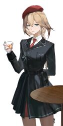  1girl absurdres arm_behind_back belt beret black_belt black_coat blonde_hair blue_eyes braid braided_ponytail breasts centaureissi_(neural_cloud) coat collared_shirt cup g36_(girls&#039;_frontline) girls&#039;_frontline_neural_cloud girls_frontline gloves hair_between_eyes hand_up hat highres holding holding_cup light_smile long_hair looking_at_viewer medium_breasts necktie red_necktie shenme_niao_mingzi shirt simple_background solo standing very_long_hair white_background white_gloves white_shirt 