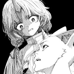  1boy 1girl absurdres animal_ears arnyang_(ayatsuno_yuni) ayatsuno_yuni cat_ears chopsticks collared_shirt commentary_request feeding food greyscale grimace highres korean_commentary long_hair looking_at_another looking_down looking_up monochrome open_mouth paki_(rktvkzl1214) personification raised_inner_eyebrows shaded_face shirt sideways_mouth star-shaped_pupils star_(symbol) stellive symbol-shaped_pupils twintails unicorn_horn virtual_youtuber 