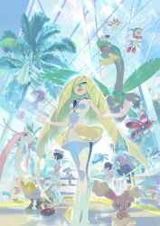  3girls 6+others aether_foundation_employee aether_foundation_uniform buneary dress e_volution highres jangmo-o ledian ledyba lusamine_(pokemon) mantyke milotic multiple_girls multiple_others pokemon pokemon_(creature) pokemon_sm pyukumuku riolu smile solo_focus tropius 