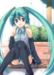  green_eyes green_hair hatsune_miku hinooka_shuji hinooka_shuuji long_hair microphone necktie panchira_sit panties pantyshot pantyshot_sitting sitting skirt striped striped_panties thigh-highs thighhighs twintails underwear vocaloid 