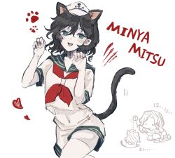  2girls anchor_symbol black_hair black_nails cat_tail chibi chibi_inset collared_shirt cowboy_shot green_eyes hat heart highres holding holding_ladle kemonomimi_mode kumoi_ichirin ladle midriff mitsusame multiple_girls murasa_minamitsu navel neckerchief open_mouth pale_skin paw_print red_neckerchief shirt short_hair short_sleeves shorts smile tail thigh-highs touhou white_background white_hat white_shirt white_shorts white_thighhighs 