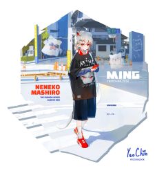  1girl absurdres animal_ears breasts cat_ears cat_girl colored_inner_animal_ears extra_ears firehippo full_body green_hair highres holding holding_umbrella jacket long_hair looking_at_viewer multicolored_hair neneko_mashiro pink_jacket pink_shorts red_streaks shorts solo strap_slip streaked_hair thick_eyelashes two_side_up umbrella unicorn_girl unicorn_horn virtual_youtuber white_background 