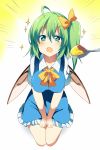  1girl aqua_eyes blue_dress blush bow breasts daiyousei dress drooling fairy_wings food fujishiro_emyu green_hair hair_bow heart heart-shaped_pupils large_breasts open_mouth short_sleeves side_ponytail sitting solo sparkle spoon symbol-shaped_pupils touhou v_arms wings 