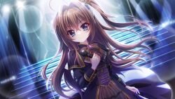  &gt;:) 1girl ahoge black_bow black_bowtie black_capelet black_dress blue_eyes bow bowtie brown_hair buttons capelet closed_mouth concert crown double-breasted dress dutch_angle film_grain game_cg gem hair_between_eyes hair_intakes holding holding_microphone idol idol_clothes izumi_tsubasu lens_flare long_hair long_sleeves looking_at_viewer microphone mini_crown non-web_source official_art purple_brooch purple_gemstone re:stage! screen shikimiya_aone side_ponytail smile solo sparkle stage_lights stairs tilted_headwear v-shaped_eyebrows 