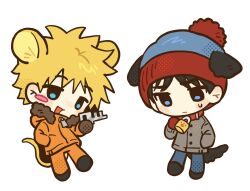  2boys animal_collar animal_ears animification beanie black_hair blonde_hair blue_eyes blush_stickers chibi chun_baii collar commentary dog_boy dog_ears dog_tail ears_through_headwear full_body fur-trimmed_hood fur_trim gloves hand_in_pocket hat highres hood hood_down jacket kenny_mccormick key lock male_focus mouse_boy mouse_ears mouse_tail multiple_boys open_mouth parka pom_pom_(clothes) pom_pom_beanie short_hair single_blush_sticker smile south_park stan_marsh sweat symbol-only_commentary tail 