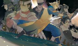  6+boys absurdres amago_haruhisa_(sengoku_basara) anegakoji_yoritsuna_(sengoku_basara) armor black_hair blue_headband blue_pants commentary_request eyepatch grey_eyes grin headband helmet highres holding holding_knife holding_sword holding_weapon japanese_armor jinbaori kabuto_(helmet) katana knife kyomunohi looking_ahead looking_at_viewer male_focus multiple_boys nanbu_harumasa_(sengoku_basara) naoe_kanetsugu_(sengoku_basara) pants satake_yoshishige_(sengoku_basara) sengoku_basara sheath short_hair smile sword unsheathing utsunomiya_hirotsuna_(sengoku_basara) weapon white_hair white_headband 