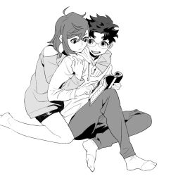  1boy 1girl ayase_momo bare_shoulders book closed_mouth commentary_request dandadan earrings foot_out_of_frame glasses holding holding_book hood hood_down hoodie jewelry kai_(huikuai2) leaning_on_person long_sleeves looking_at_another no_shoes open_mouth pants round_eyewear short_hair sitting takakura_ken_(dandadan) white_background 