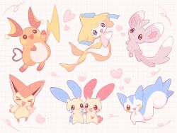  &gt;_&lt; appyon_(archangel_ayp) blue_eyes blush brown_eyes closed_mouth commentary fangs full_body happy heart jirachi minccino minun no_humans open_mouth pachirisu plusle pokemon pokemon_(creature) pokemon_focus raichu smile symbol-only_commentary v victini 