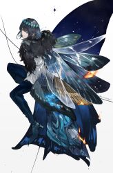  1boy 1girl absurdres arthropod_boy arthropod_limbs black_hair blue_eyes bug crown diamond_hairband dragonfly_wings fate/grand_order fate_(series) grey_hair highres insect_wings looking_at_viewer male_focus medium_hair morgan_le_fay_(fate) oberon_(fate) oberon_(third_ascension)_(fate) refle shirt smile terarenai white_shirt wing_cape wings 