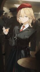  1girl absurdres arm_behind_back belt beret black_belt black_coat blonde_hair blue_eyes braid braided_ponytail breasts centaureissi_(neural_cloud) coat collared_shirt cup g36_(girls&#039;_frontline) girls&#039;_frontline_neural_cloud girls_frontline gloves hair_between_eyes hand_up hat highres holding holding_cup indoors light_smile long_hair looking_at_viewer medium_breasts multiple_others necktie red_necktie shenme_niao_mingzi shirt solo_focus standing very_long_hair white_gloves white_shirt 