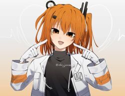  1girl a.i._voice adachi_rei black_shirt cardiogram gloves gradient_background hair_ornament hair_ribbon hairclip head_tilt headlamp headset jacket long_sleeves looking_at_viewer medium_hair one_side_up open_clothes open_jacket orange_eyes orange_hair pointing pointing_at_self ribbon shirt simple_background solo turtleneck turtleneck_shirt twitter_username udon_jyomae utau white_gloves white_jacket white_ribbon 