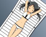  artist_request bikini black_hair closed_eyes flat_chest francesca_lucchini lowleg lying midriff ribbon strike_witches swimsuit thigh_gap twintails vector_trace wallpaper 
