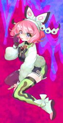  1girl anger_vein apricot3525 bow bracelet breasts collared_shirt drill_hair eyeshadow finger_to_face flipped_hair fur_jacket hair_bow hairband hand_up highres index_finger_raised jacket jewelry klara_(pokemon) large_breasts makeup medium_breasts mole mole_under_mouth pink_eyeshadow pink_hair pink_lips pokemon pokemon_swsh print_shirt ring shirt short_hair shorts side_slit side_slit_shorts smile solo tongue tongue_out twin_drills two-tone_shirt two-tone_shorts two-tone_thighhighs v-shaped_eyebrows violet_eyes white_bow white_hairband 