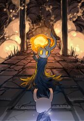  2others broken_vessel_(hollow_knight) cloak cracked_mask darkdog from_behind grey_cloak highres hollow_eyes hollow_knight horned_mask horns knight_(hollow_knight) liquid_from_eyes mask multiple_others nail_(hollow_knight) pavement pillar stone_floor 