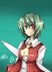  character_name closed_umbrella green_hair kazami_yuuka parasol plaid plaid_vest red_eyes short_hair smile tartan touhou umbrella 