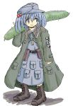  bad_posture blue_hair boots coat cucumber kawashiro_nitori touhou 