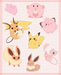 6+others animal appyon_(archangel_ayp) blush blush_stickers chansey clefairy closed_eyes closed_mouth commentary_request ditto eevee fat_pikachu flareon full_body mew mew_(pokemon) no_humans open_mouth pikachu pink_background pokemon pokemon_(creature) pokemon_focus raichu sitting smile standing