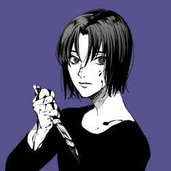  1boy black_hair blood blood_on_face blood_on_hands blood_on_knife commentary_request crosshatching greyscale greyscale_with_colored_background hatching_(texture) holding holding_knife jojo_no_kimyou_na_bouken knife monochrome moru_moru_moru narancia_ghirga purple_background simple_background solo vento_aureo 