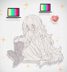  absurdres bandage_on_face bandage_on_knee bandage_on_leg bandages black_socks cardiogram charlotte_wiltshire crying hello_charlotte highres kaitenta1 long_hair long_sleeves screen socks sparkle sparkle_background sweater turtleneck turtleneck_sweater white_background white_eyes white_hair white_sweater 