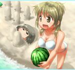  food fruit hidamari_sketch holding holding_fruit miyako swimsuit ttomm watermelon yuno 