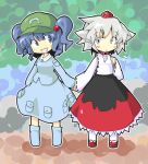  animal_ears artist_request blue_eyes blue_hair blush boots grey_eyes hair_bobbles hair_ornament hat holding_hands inubashiri_momiji japanese_clothes kawashiro_nitori multiple_girls open_mouth red_eyes sandals short_hair skirt skirt_set smile tokin_hat touhou twintails white_hair wolf_ears 