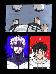  1girl 2boys barefoot black_hair black_nails blood blood_from_mouth cat dandadan earrings enjoji_jin evil_eye_(dandadan) feet from_above glasses highres hood hood_down hoodie jewelry lower_body maneki-neko multiple_boys on_shoulder possessed pov puuuun56 round_eyewear short_hair takakura_ken_(dandadan) third_eye turbo_granny_(dandadan) upper_body white_hoodie 