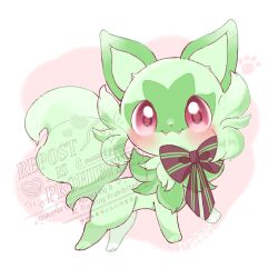  absurdres animal_focus blush bow cat check_commentary closed_mouth commentary_request fangs highres maaari_pkmn no_humans paw_print pink_eyes pokemon pokemon_(creature) pokemon_focus smile solo sprigatito 