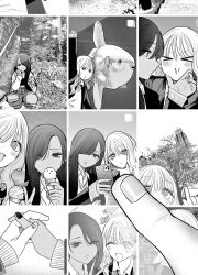  &gt;_&lt; 2girls aquarium blush building cellphone cheek_squash commentary dark-skinned_female dark_skin denim female_pov fingernails fish food greyscale hashtag-only_commentary highres holding holding_food holding_hands holding_ice_cream holding_phone ice_cream ice_cream_cone inoue_koharu instagram interlocked_fingers jeans long_fingernails long_hair long_sleeves monochrome multiple_girls one_eye_closed original pants parted_lips phone pov school_uniform smartphone smile squatting taooka_yua torn_clothes torn_jeans torn_pants translation_request v watase_reina yuri 